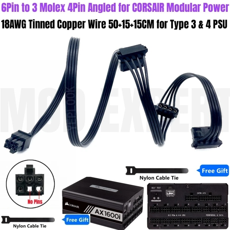 6Pin to 3 Molex 4Pin Angled IDE PATA Perif HDD Cooler Fan Power Cable