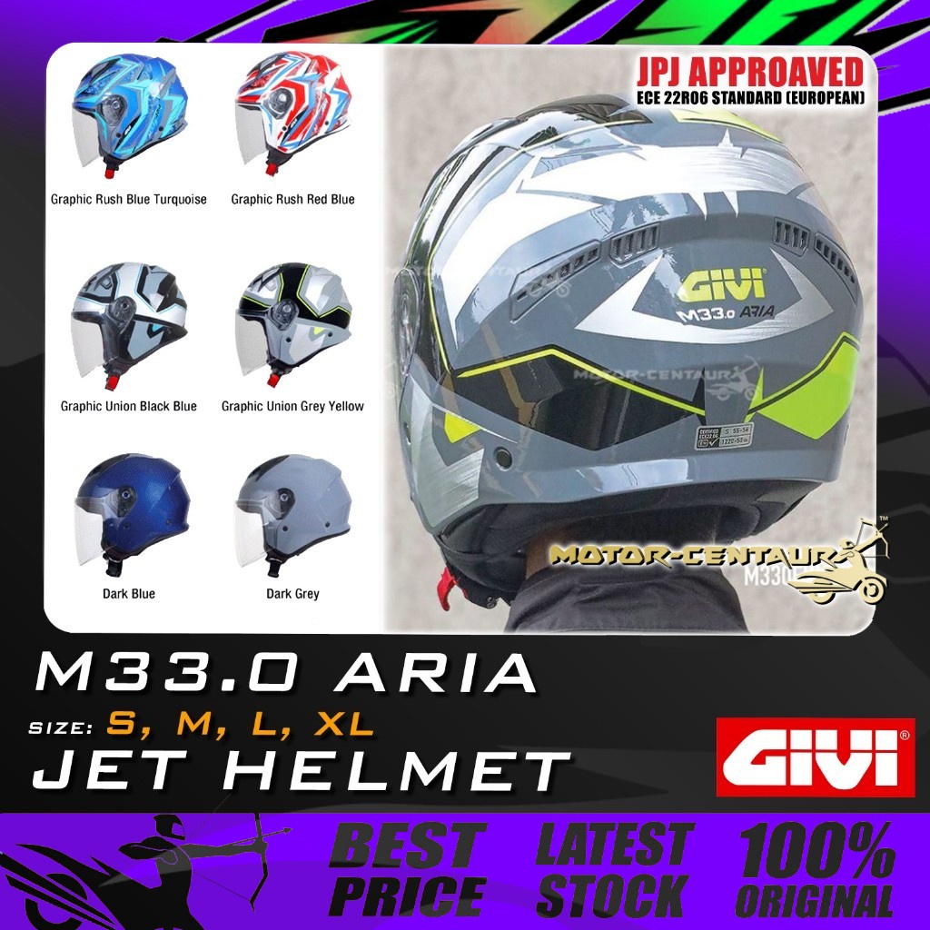 TOPI KELEDAR GIVI JET HELMET M33.0 ARIA GRAPHIC UNION/RUSH YELLOW,BLACK