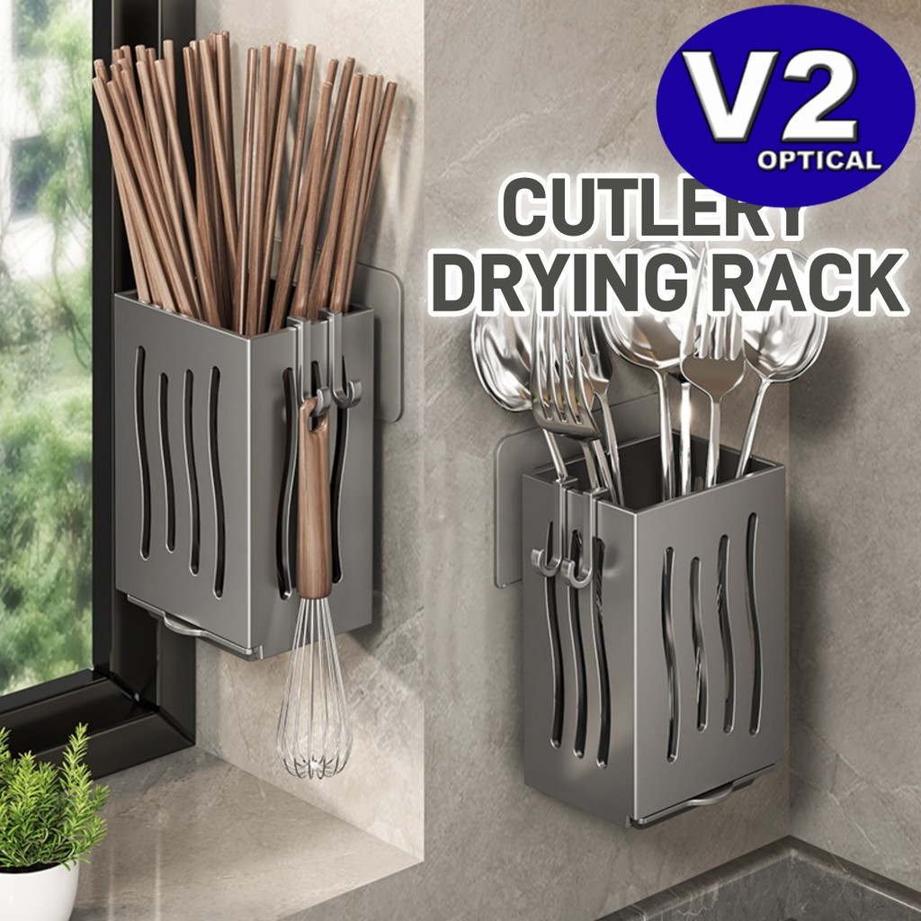 Wall Mounted Cutlery Holder Cook Utensil Drying Rack Spoons Drainer ...