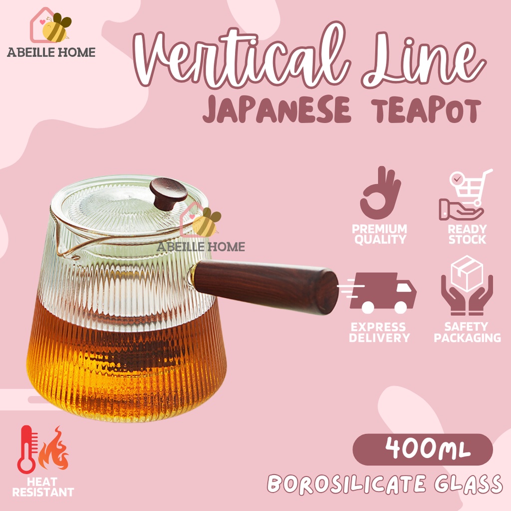 Premium Heat Resistant Glass Teapot Vertical Line Japanese Teapot Wooden Handle 500ml +2 DW