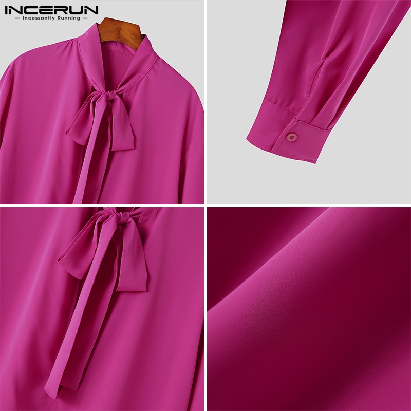 INCERUN Men Vintage Solid Color V-Neck Long Sleeve Ribbon Shirts ...