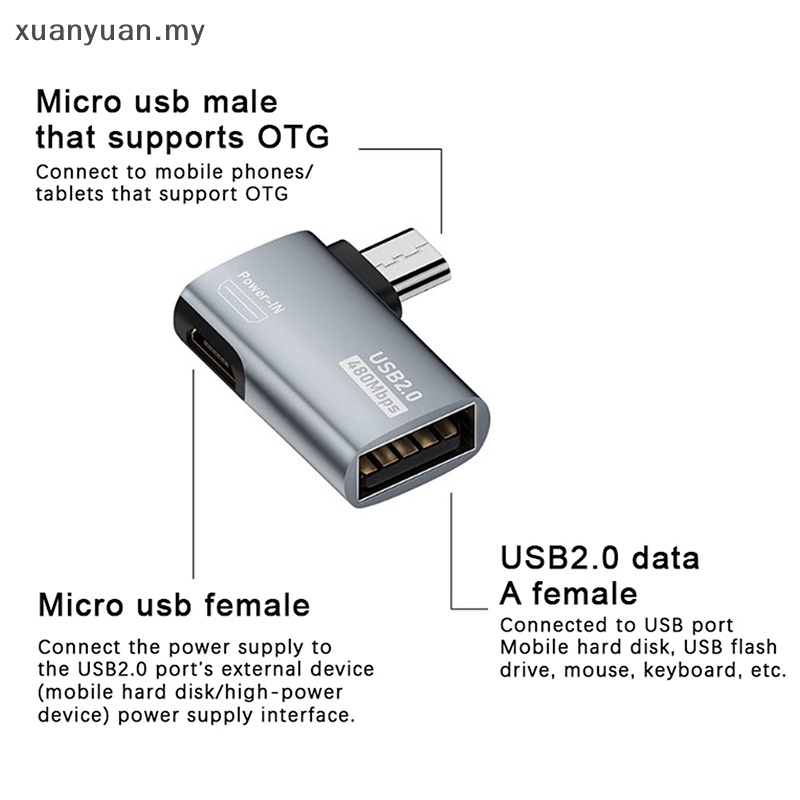 XUAN OTG Cable Adapter 4K 90 Degree Left Angle Powered Micro USB To USB