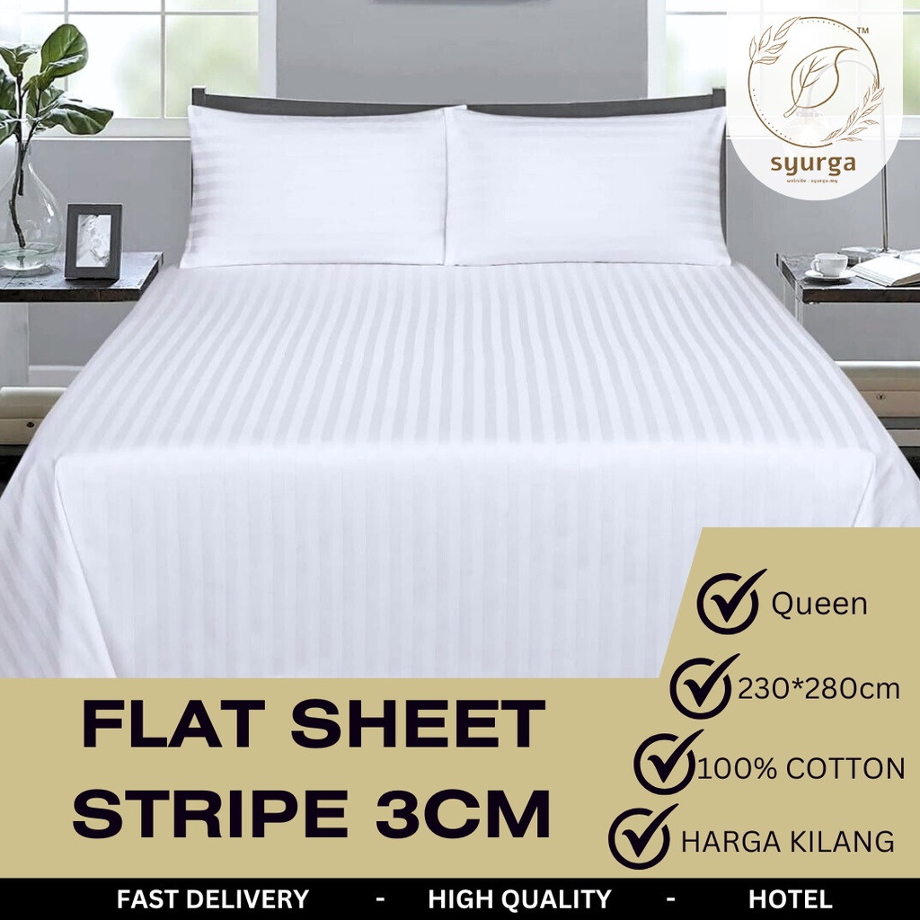 Royal Linen Hotel Flat Bedsheet Queen 3cm Stripe Cotton [Cadar Queen ...