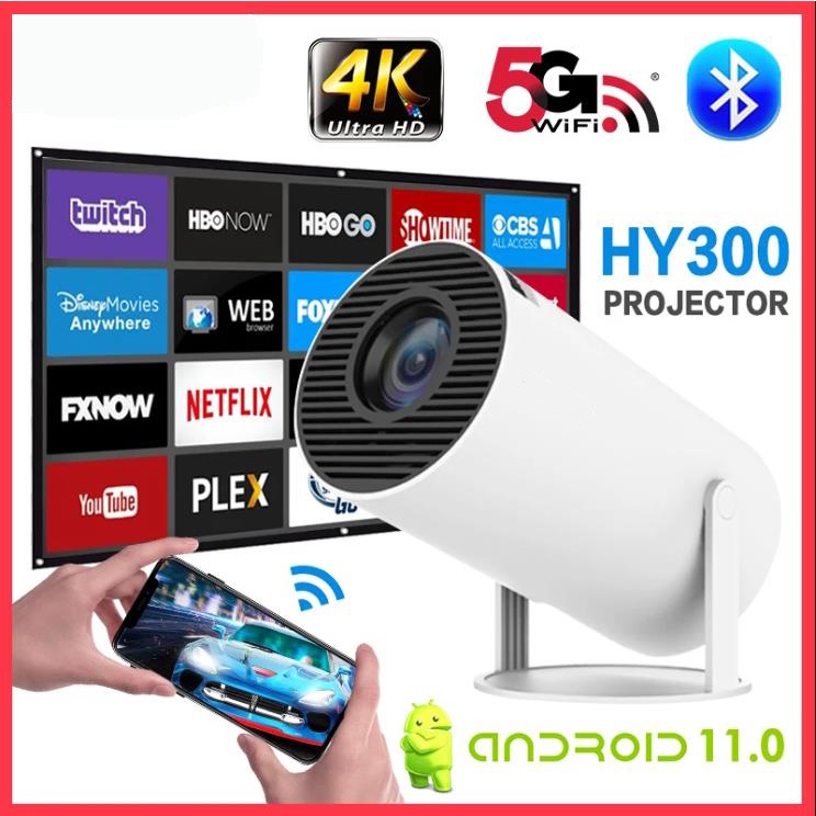 HY300 Portable Smart Android Mini Projector with 5G WIFI 6, Max 4K