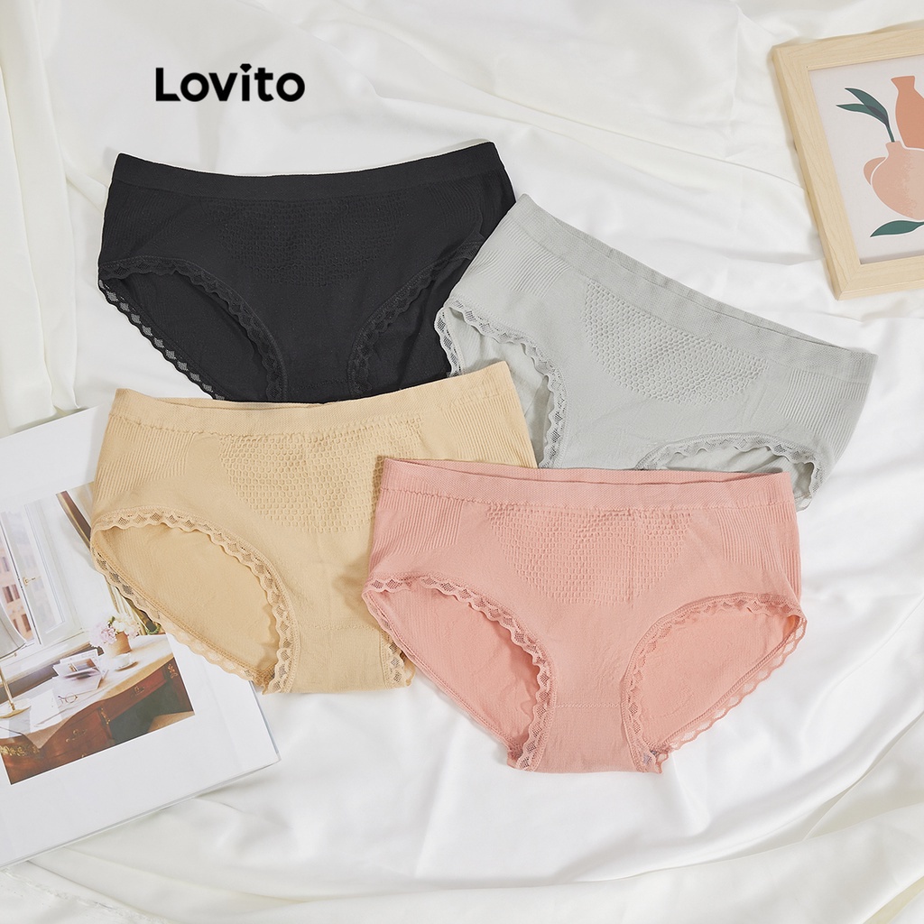 Lovito Casual Plain 4 Pcs Mid Waist Hip Lifting Panties for