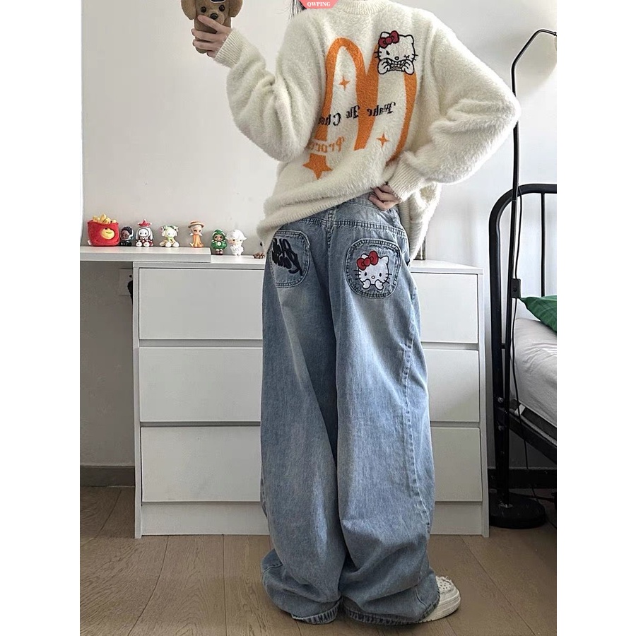 Sanrio Y2k Hello Kitty Pants Denim Women Jeans Fashion Wide Leg