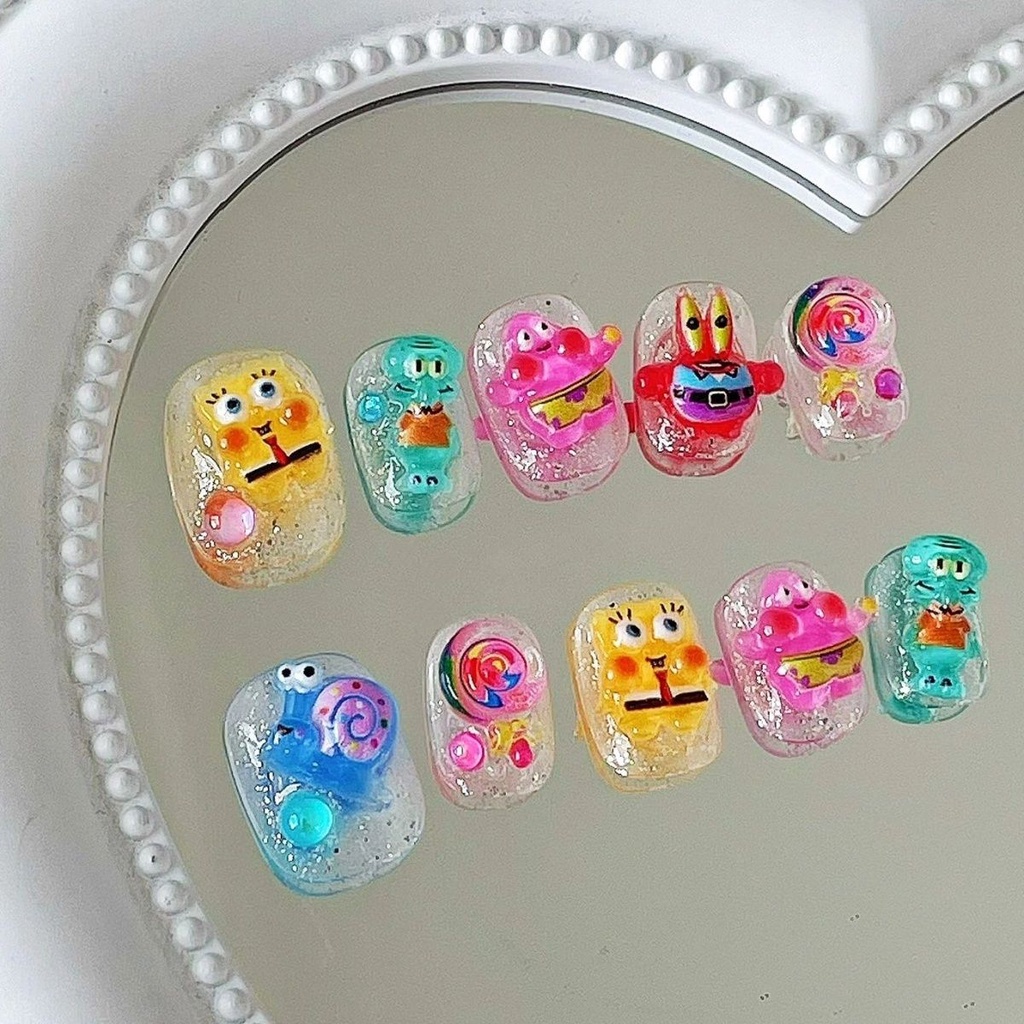 Spongebob Squarepants 3D Cartoon Nail Patch Girl Fake Nail Stickers
