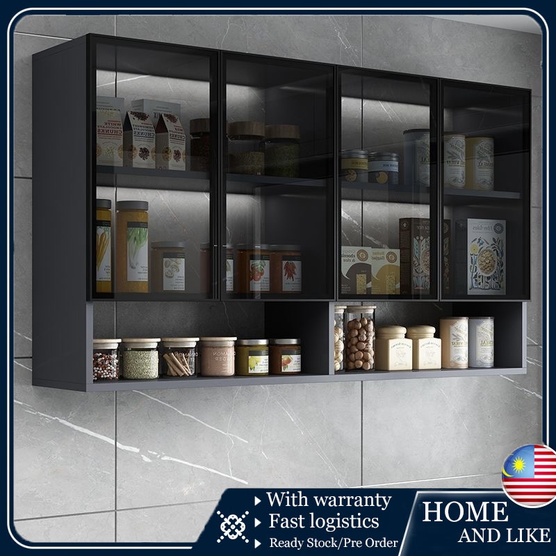 Image showcasing Glass Door Kitchen Cabinet Black Wall-Mounted Storage Cabinet Balcony ...