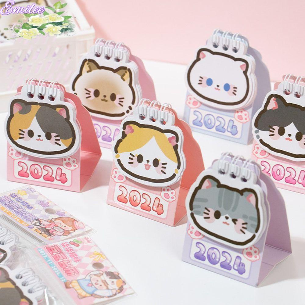EMIL Mini Desk Calendar, 2024 Cartoon Cat Desktop Calendar, Cute Coil