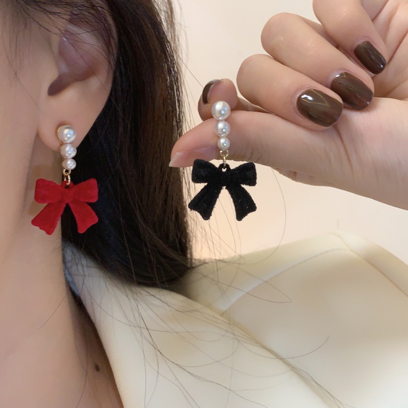 Bow Dangle Earring Imitation Pearl Earrings Vintage Sweet Elegant For Women Girls Weddings New Year Jewelry Accessories Red Flocking Studs Shopee Malaysia