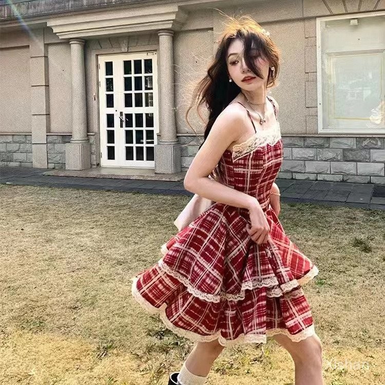 Musim Panas Baru Disambung Tali Renda Skirt Puff Kotak-kotak Merah ...