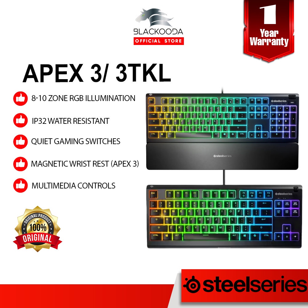 SteelSeries Apex 3 RGB Gaming Keyboard; 10-Zone RGB Illumination