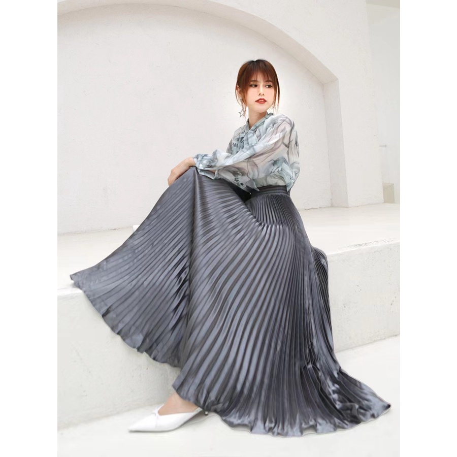 New Style Pleated Women Solid Color High Waist Satin Pleated Skirt