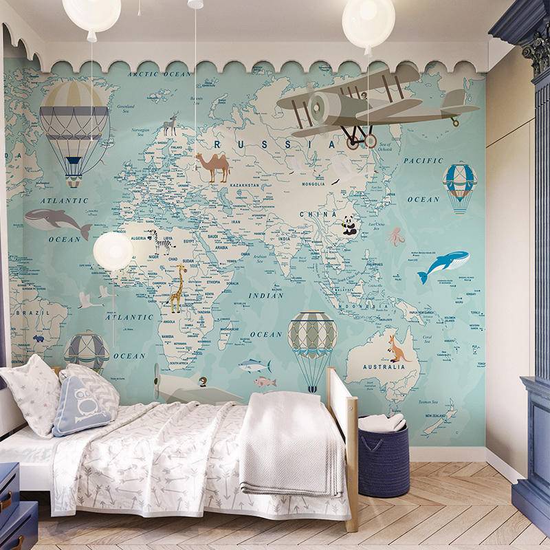 Cartoon Blue World Map Children's Room Decor Wall Paper Mural 3d