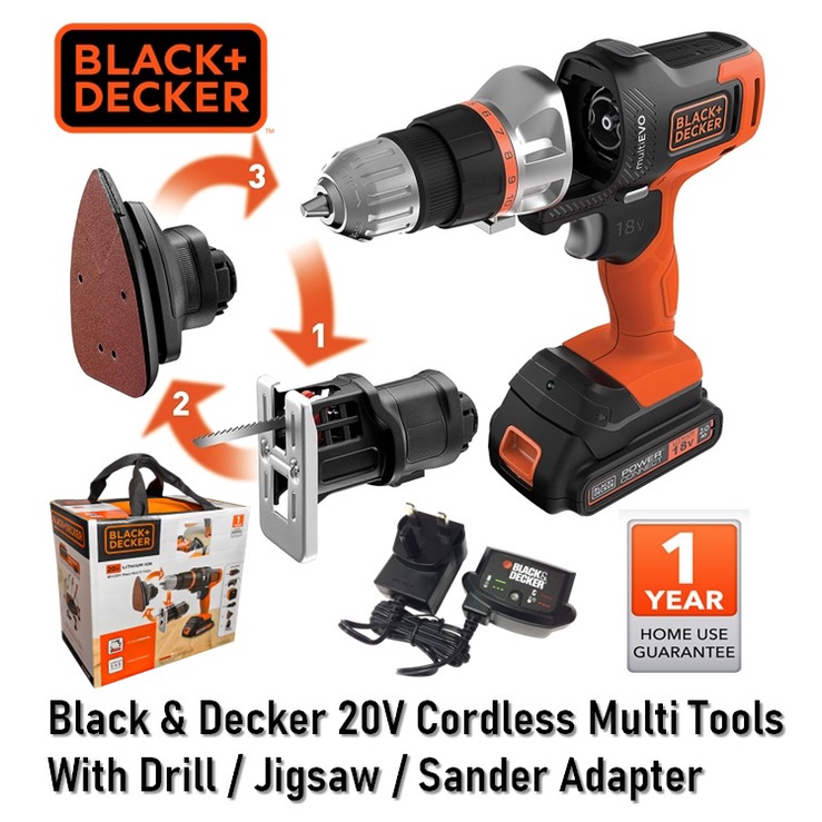 Black & Decker EVO185B1 20V Cordless 3 IN 1 Multi Tools With Jigsaw / Drill / Sander Adapter