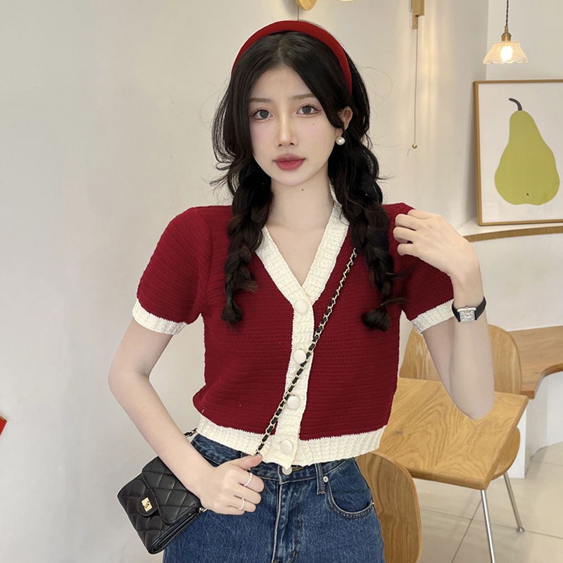 【Spots现货】短款上衣女装设计感小众夏季薄款韩系chic别致温柔v领短袖针织衫Short top women's clothing ...