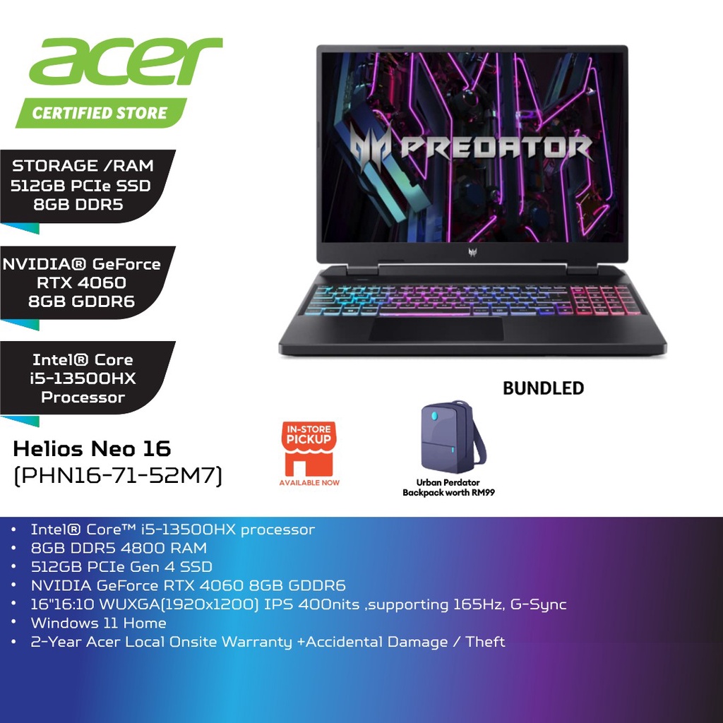 Acer Predator Helios Neo 16 WUXGA 165Hz IPS Gaming Laptop Intel