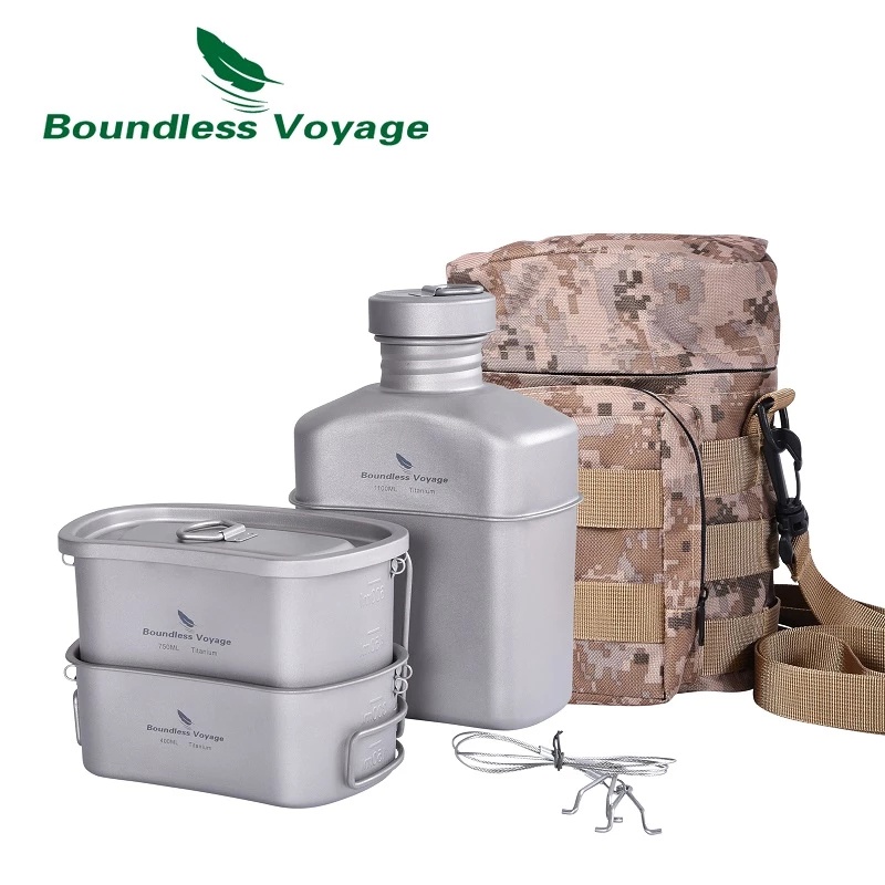 Boundless Voyage Titanium Military Canteen Cups Set Camping Cookware
