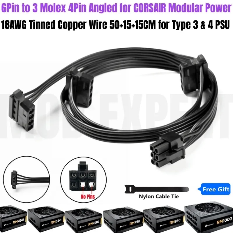 6Pin to 3 Molex 4Pin IDE PATA Perif Cooler Fan Power Cable for CORSAIR