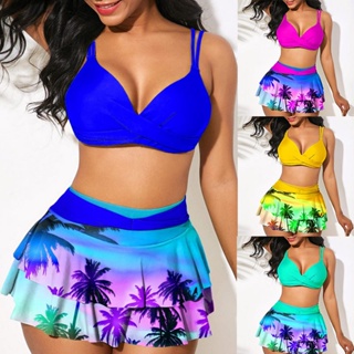 Tropical Print 2 Piece Set Tankini, Drawstring Tie Front Stretchy Split  Skirted Bottom Swimsuits, Women's Swimwear & Clothing