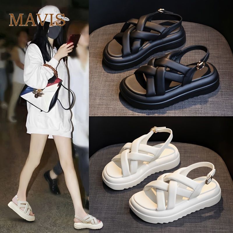 Genuine Leather 4cm Soft Thick Sole Women's Flat Sandals 2023 New Beach