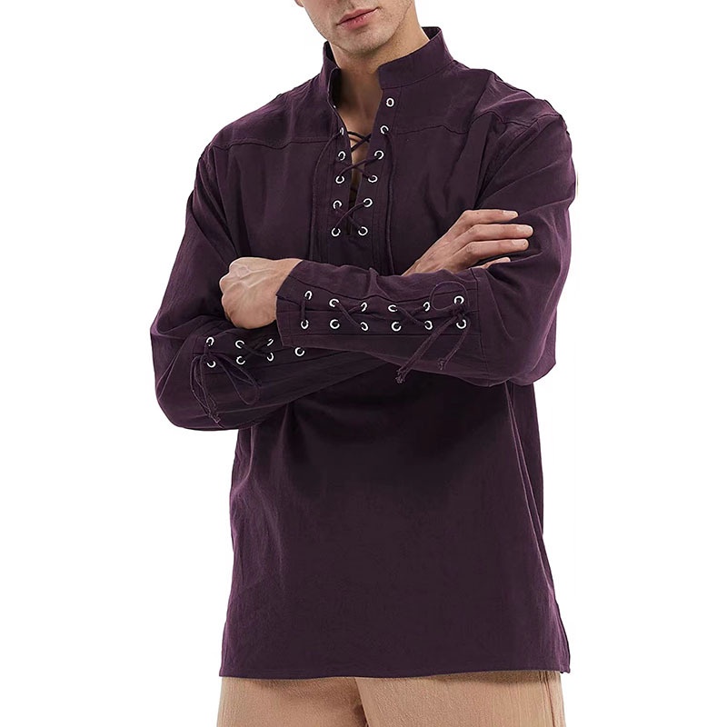 Qekoma Men's Cotton Linen Lace Up Shirts Pirate Medieval
