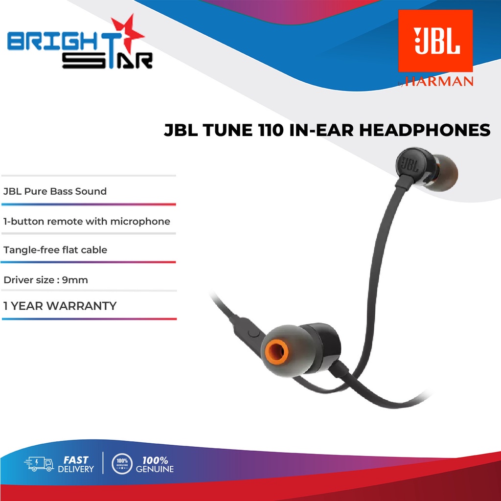 JBL Tune 110 Inear Headphones T110 9mm Driver Black Shopee Malaysia
