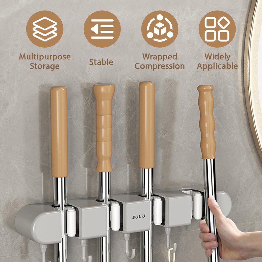 3 H Broom Holder Wall Mount Moon 5 Pieces Broom Holder, Self Adhesive Wall Mounted Broom Holder Without Drilling, Mop Holder With Hooks For Kitchen Bathroom Garden Black Wreath Hanger For Front Door