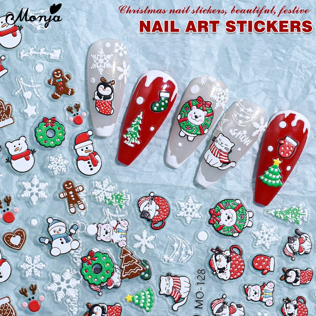 Monja 3D Christmas Nail Art Sticker Embossed Cute Santa Snowflake Cat
