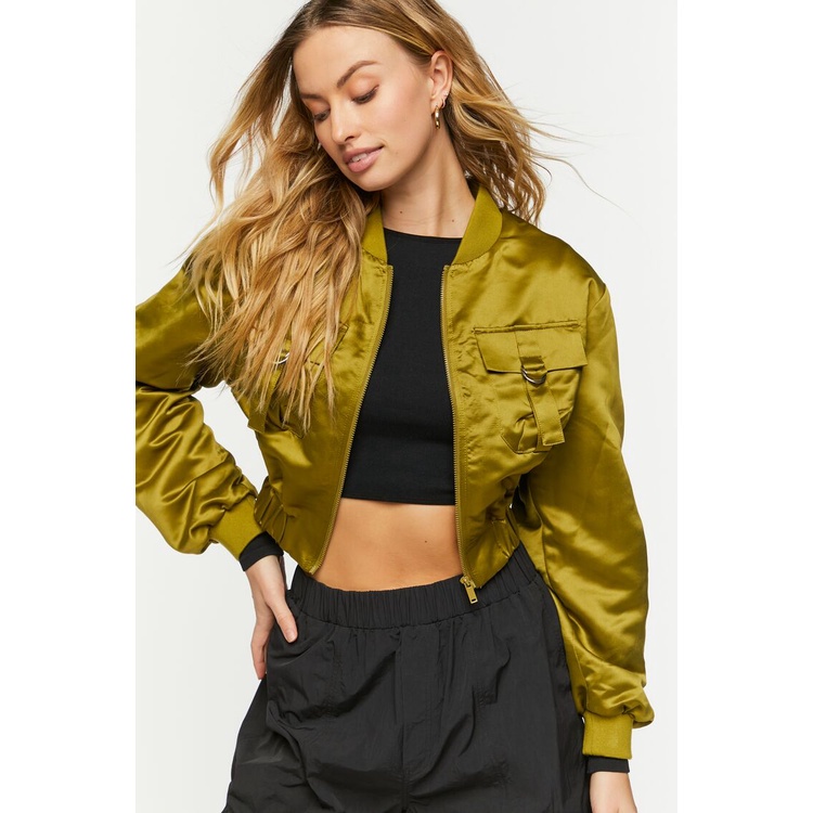 Forever 21 Women s Ruched Satin Cropped Bomber Jacket Shopee Malaysia