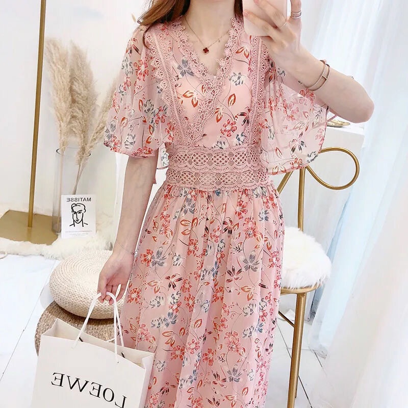 Korean Style Floral Dress Print Chiffon Casual V-neck Printed Skirt Lace  Trimmed Floral Chiffon Dress