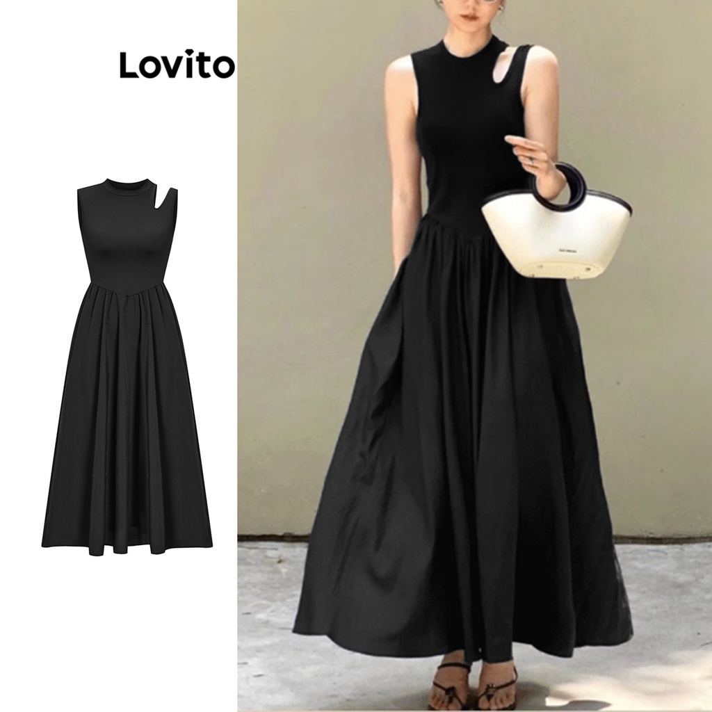 Lovito Casual Plain Cut Out Dress for Women L65ED149 (Black) Lovito