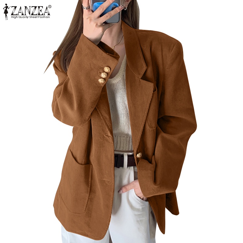 Zanzea Women Korean Long Sleeves Solid Color Loose Laple Pocket Corduroy Blazer Shopee Malaysia 7020