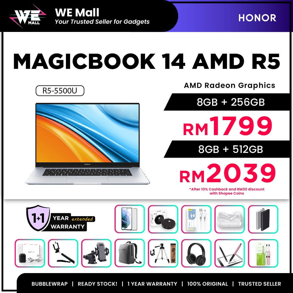 Honor MagicBook 14 AMD 8GB 512GB SSD[AMD Ryzen 5 5500U] Windows PC Laptop  SILVER