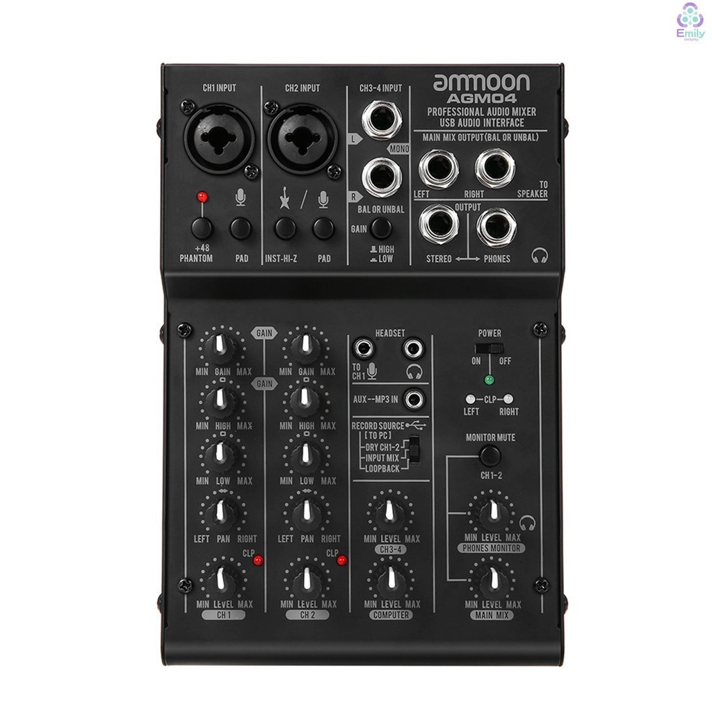 ammoon 4Channel Mini Mixing Console Digital Audio Mixer 2band EQ Builtin 48V Phantom Power 5V