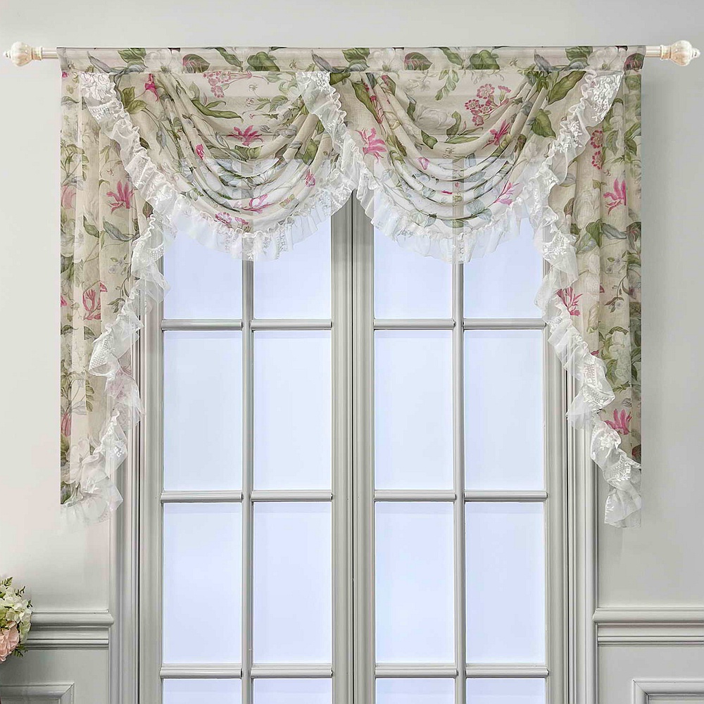 Pastoral Flower Sheer Curtain Waterfall Valance With White Lace Ruffled