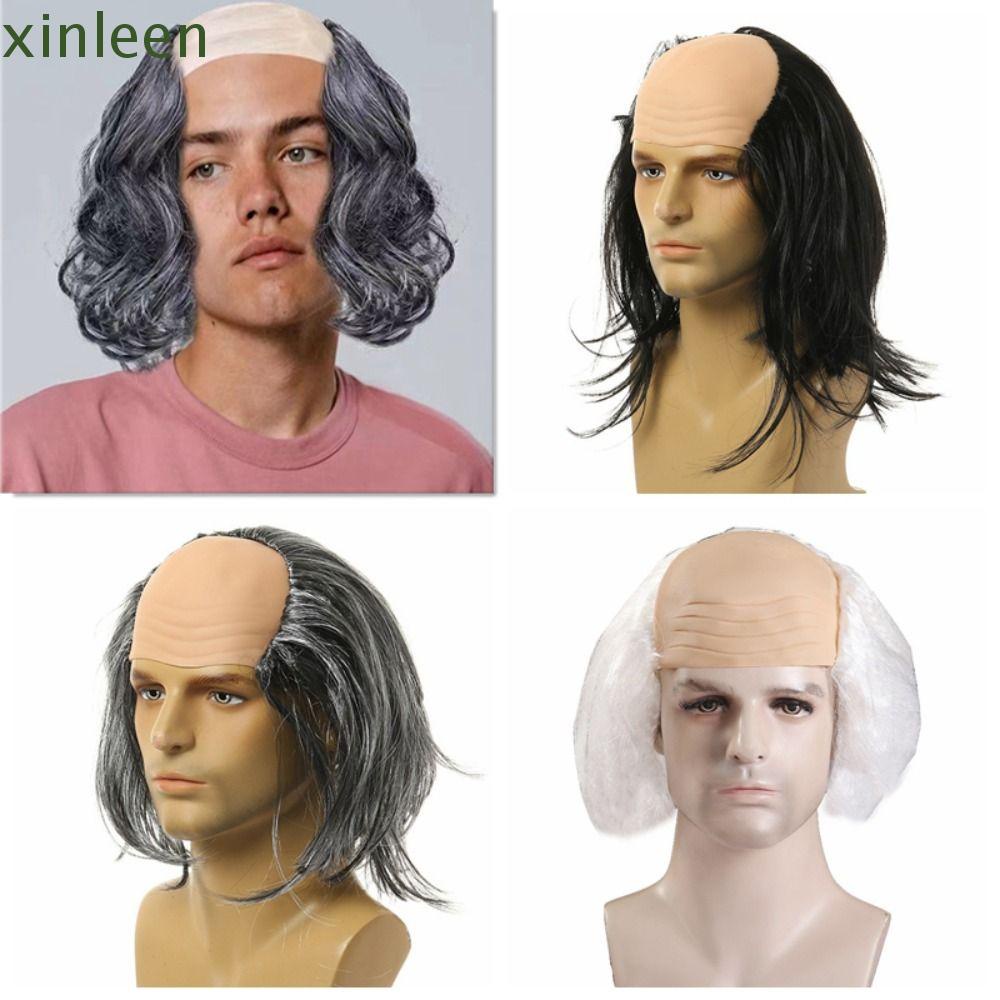 Xinleen Funny Bald Wig Curly False Old Man Bald Wig Party Cosplay Straight Fluffy Soft