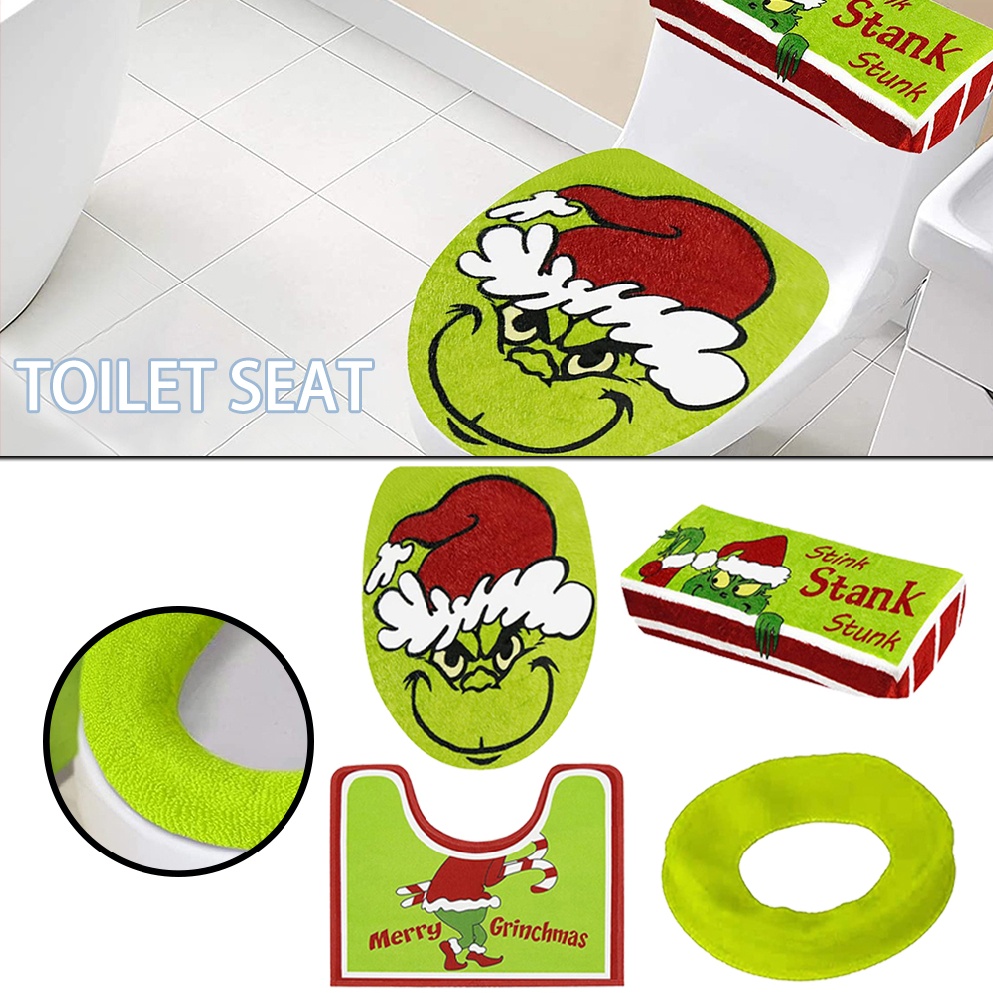 Funny Bathroom Grinchs Christmas Decoration Toilet Seat Cover and Rug