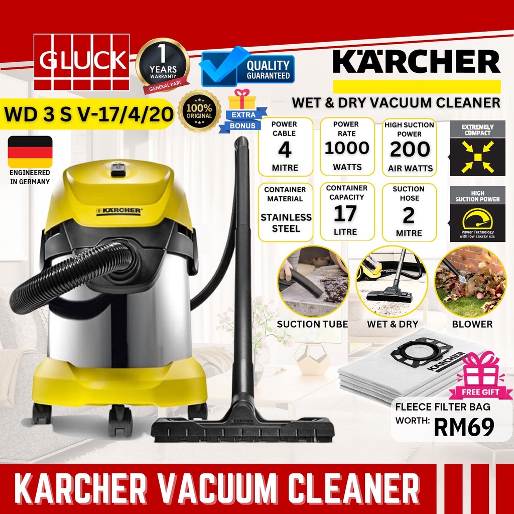 Karcher WD 3S V Wet & Dry Vacuum Cleaner ( Free 1 x Fleece Bag ) for ...