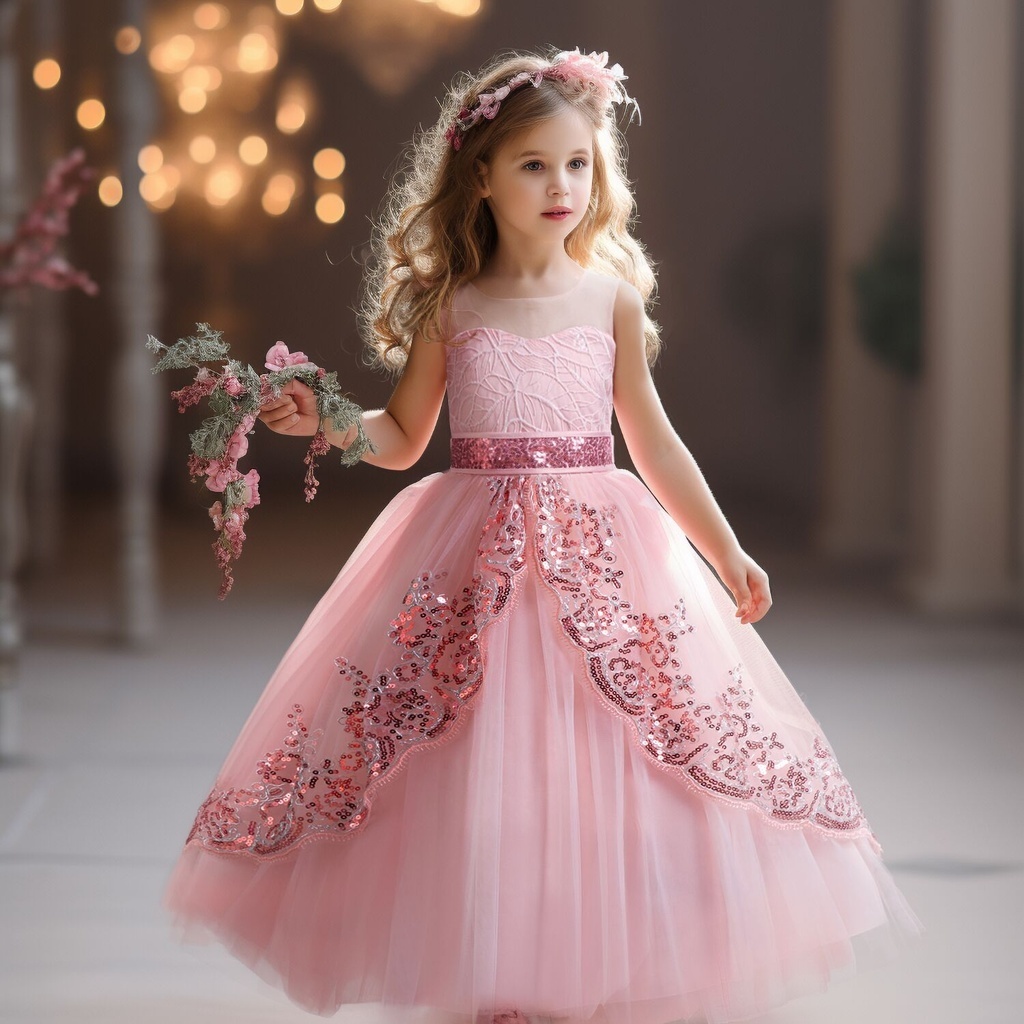 Floral Print Chiffon Straps Wedding Flower Girl Dress Kids Formal