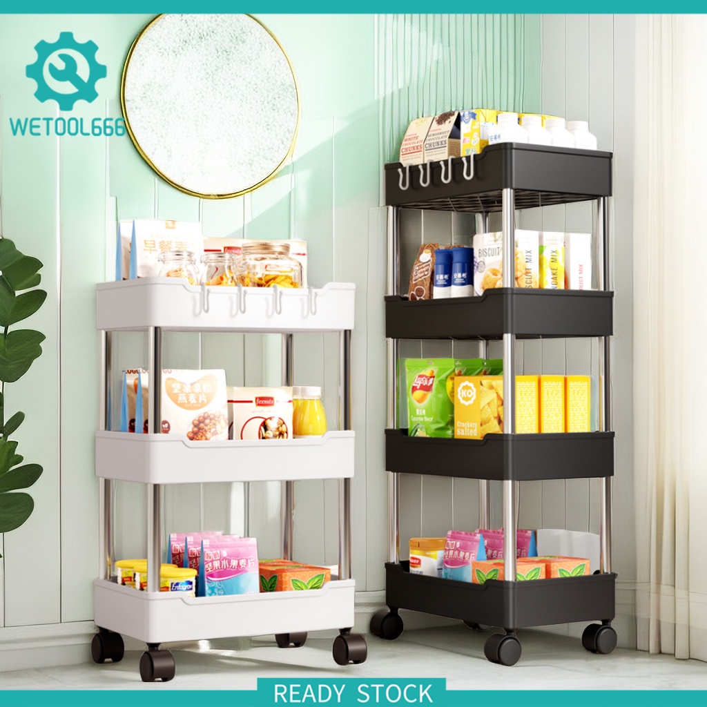 3/4 Tier Trolley Rack Multifunction Plastic Storage Cart Office Shelves