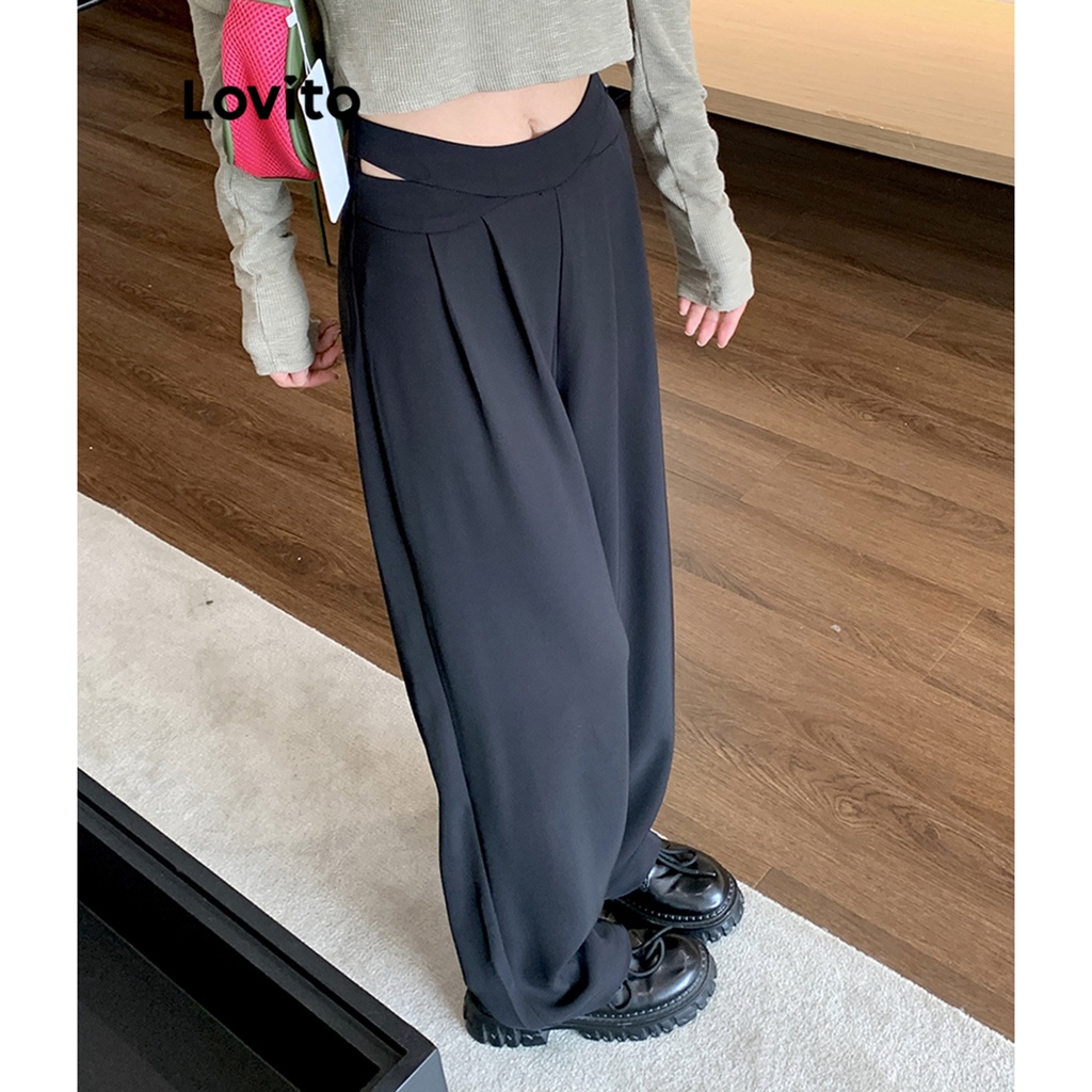 Lovito Casual Plain Cut Out Zipper Pants for Women LNA30098 (Black