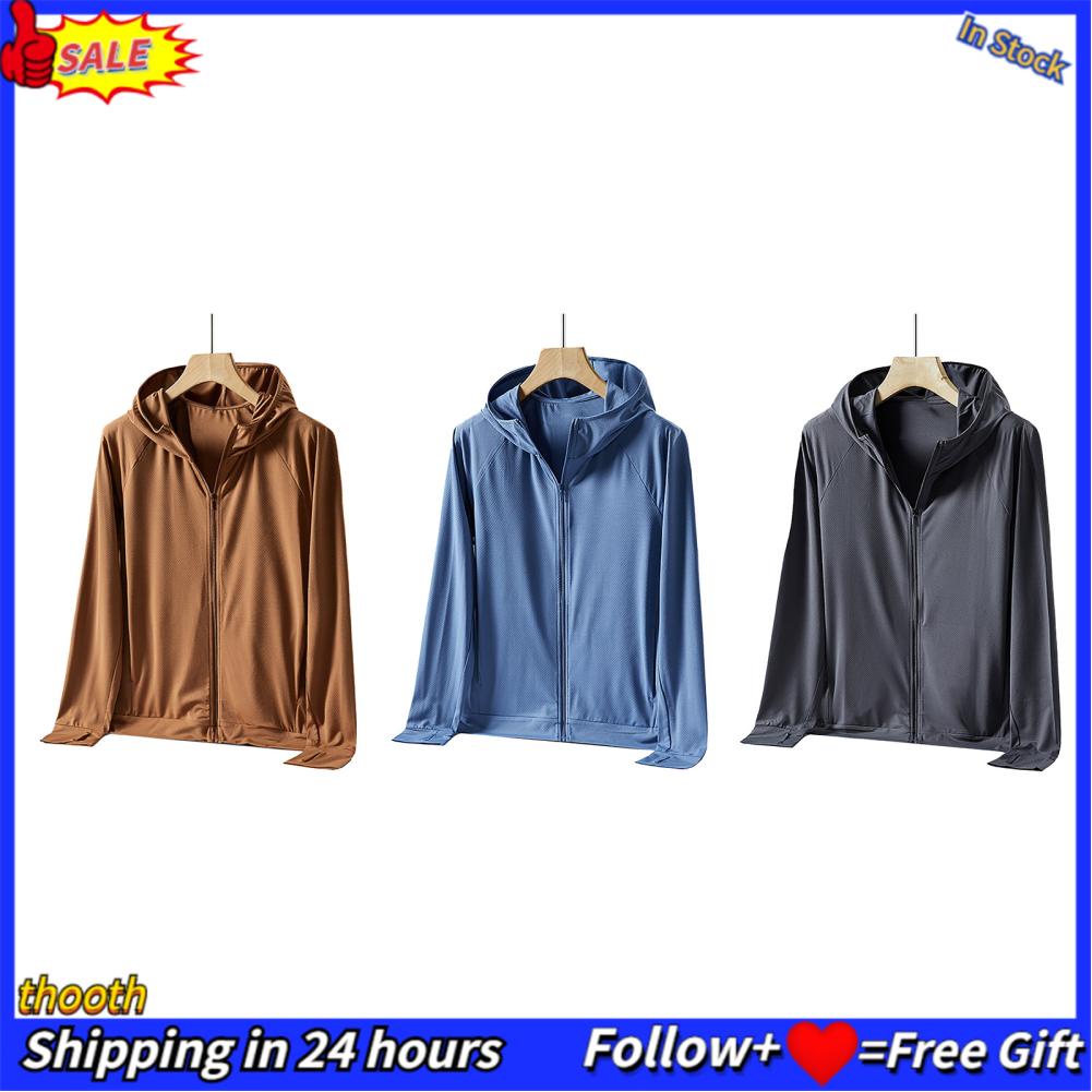Men Hoodie Jacket Full Zip Sun Protection Long Sleeve with Thumb Hole for  Cycling Fishing