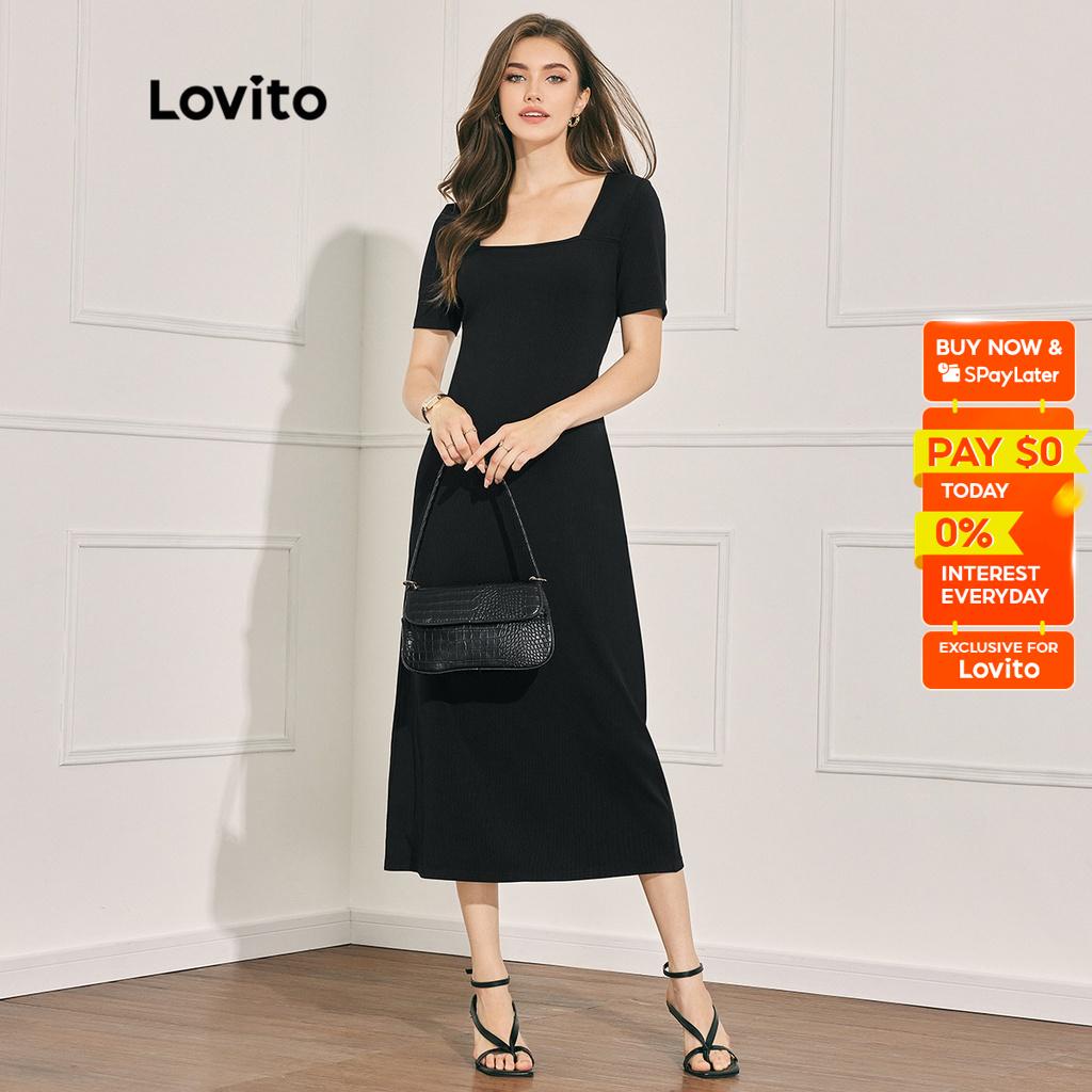 Lovito Casual Plain Square Neck Short Sleeve Women Dress L Ld