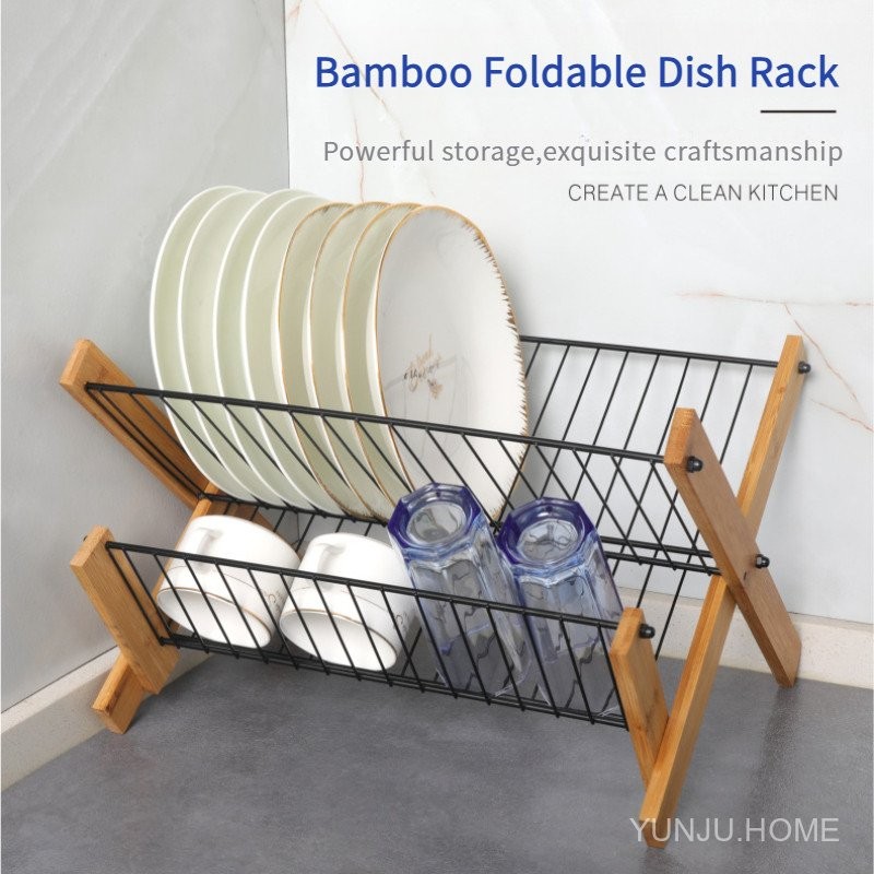 Bamboo folding dish rack kitchen drain rack home storage plate rack ...