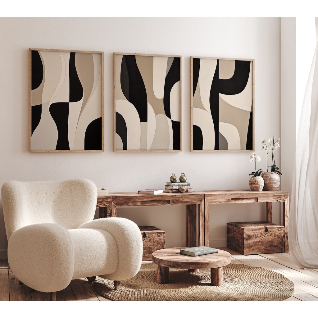 Abstract Painting Modern Minimalist Poster Beige Black Geomertic Wall ...