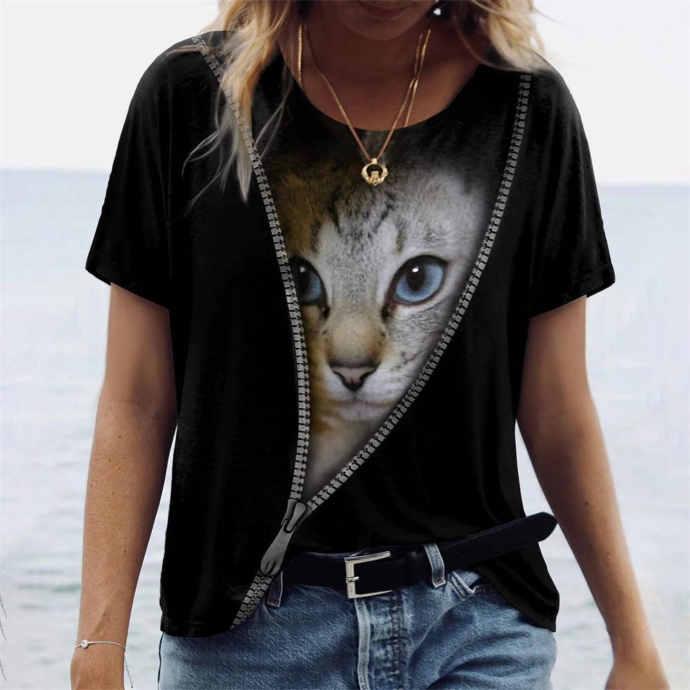 Cute Women's T-Shirt Summer 3d Cat Print Tos Fashion Daily O-Neck ...