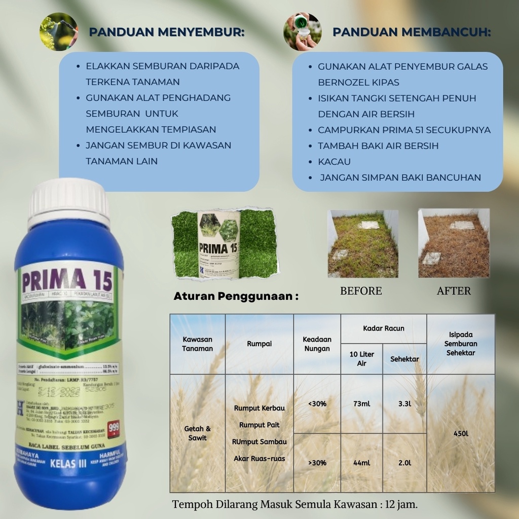 Prima 15 Glufosinate Ammonium 13.5% Racun Rumput Sentuh 1L Tanaman ...
