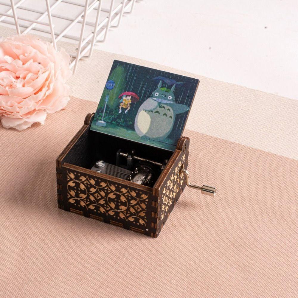 Aubrey1 Totoro Wooden Hand Crank Music Box Engraving Pattern Cartoon