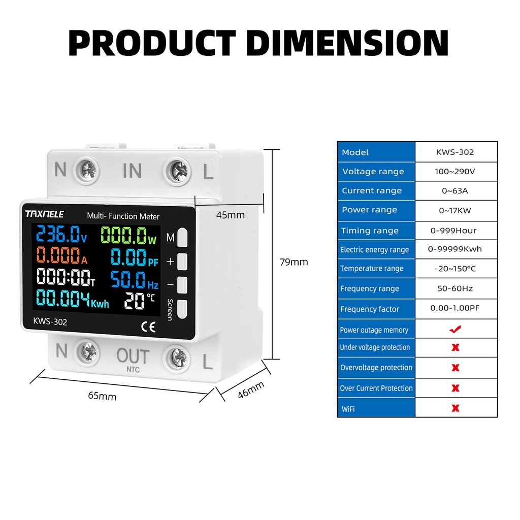 AC 100-290V 8in1 Colourful Display Power Meter kWh Temperature Voltage ...